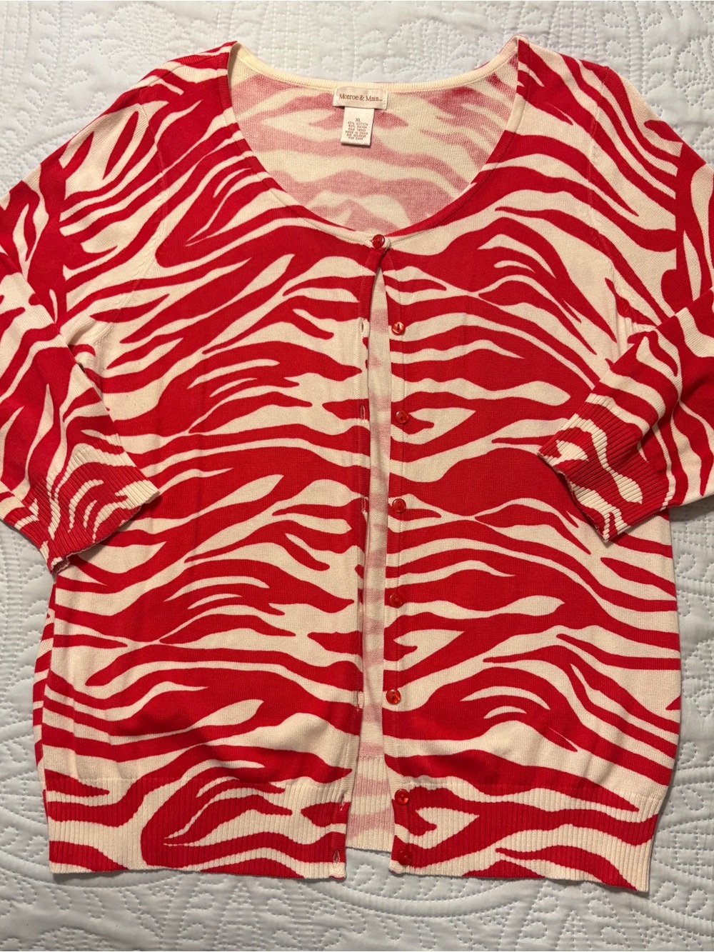 Monroe & Main Red and Cream Zebra-Print Button Cardigan